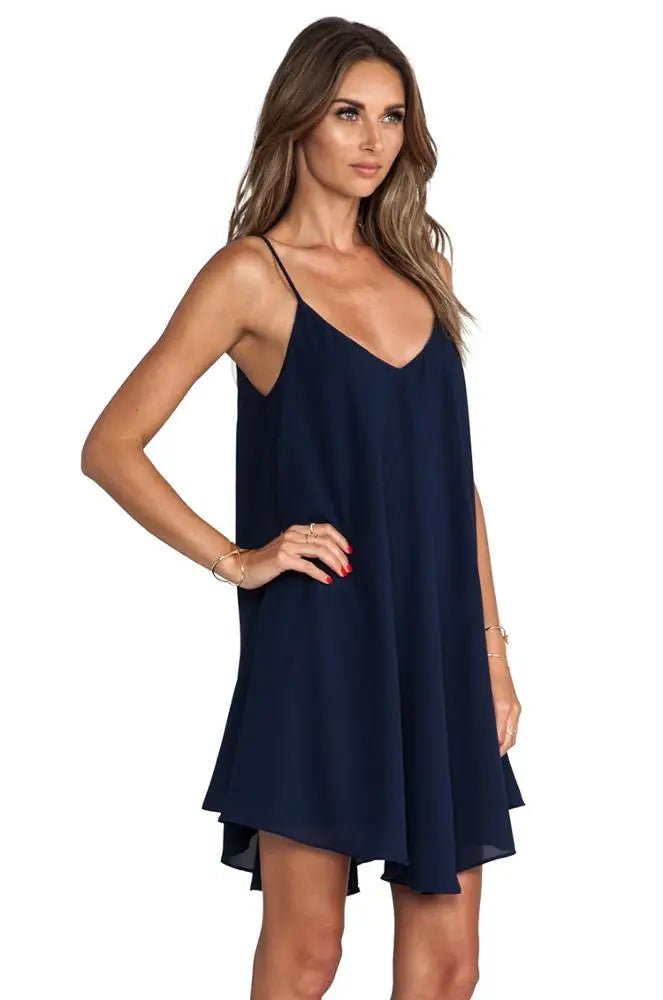 Woman Summer V - neck Loose Chiffon Skirt Sexy Mini Back Cross Dress - Zeprah