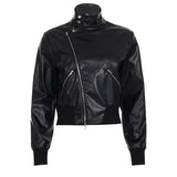 Women Autumn Motorcycle Woven PU Blazer Jacket Stand Collar Waterproof Eco - Friendly New Plain Slim Fit Waist Zippered - Zeprah