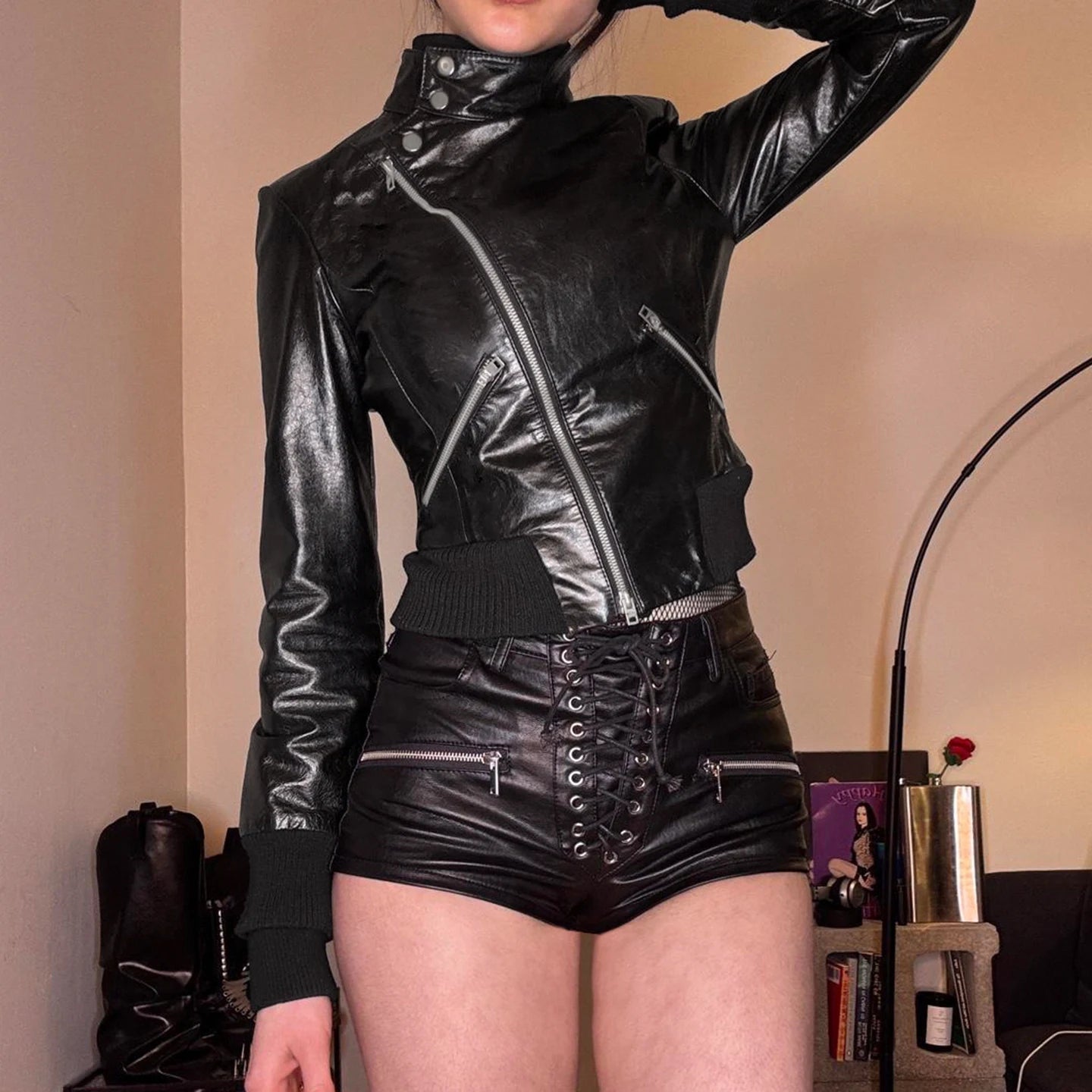 Women Autumn Motorcycle Woven PU Blazer Jacket Stand Collar Waterproof Eco - Friendly New Plain Slim Fit Waist Zippered - Zeprah