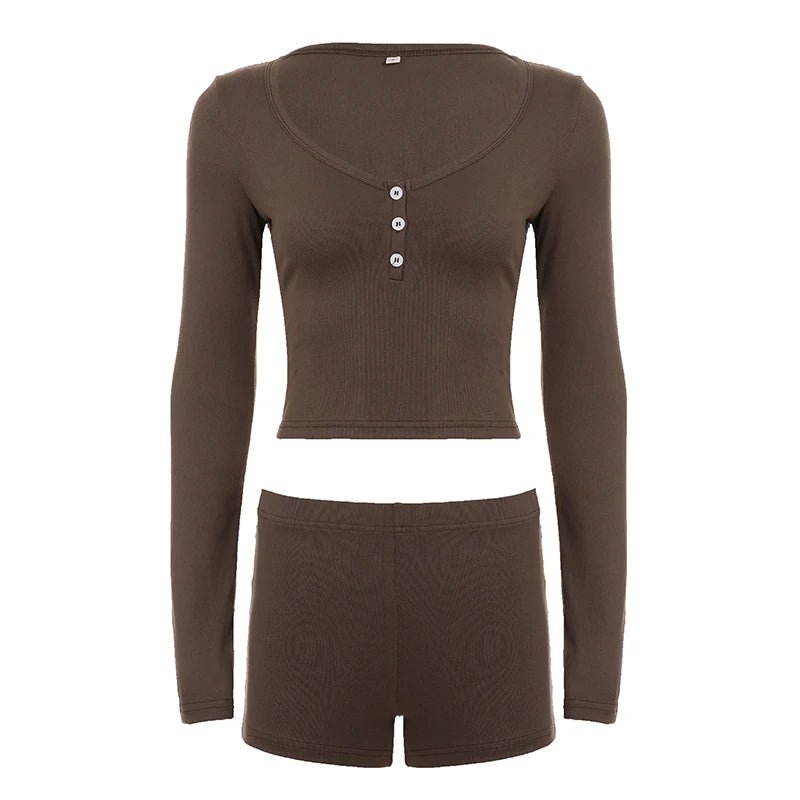 Women Casual 2 Piece Knitting Knee Loungewear Set Stretchy Skinny Fit Long Sleeve Top Shorts Solid Color Spring/Summer Button - Zeprah