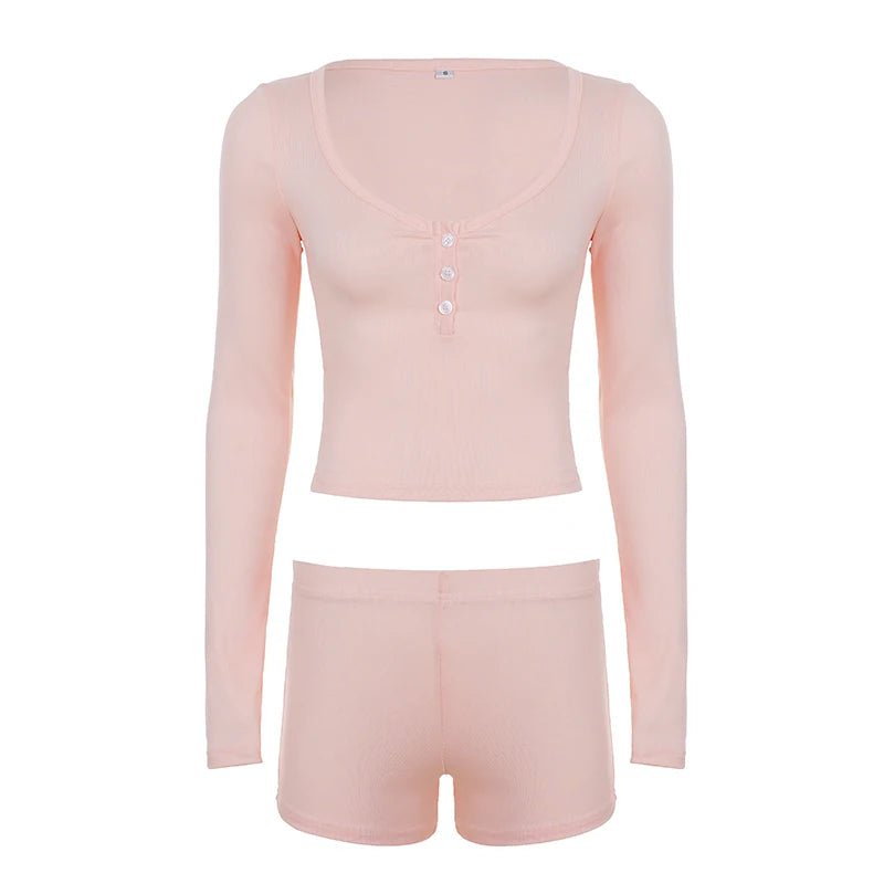 Women Casual 2 Piece Knitting Knee Loungewear Set Stretchy Skinny Fit Long Sleeve Top Shorts Solid Color Spring/Summer Button - Zeprah