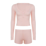 Women Casual 2 Piece Knitting Knee Loungewear Set Stretchy Skinny Fit Long Sleeve Top Shorts Solid Color Spring/Summer Button - Zeprah