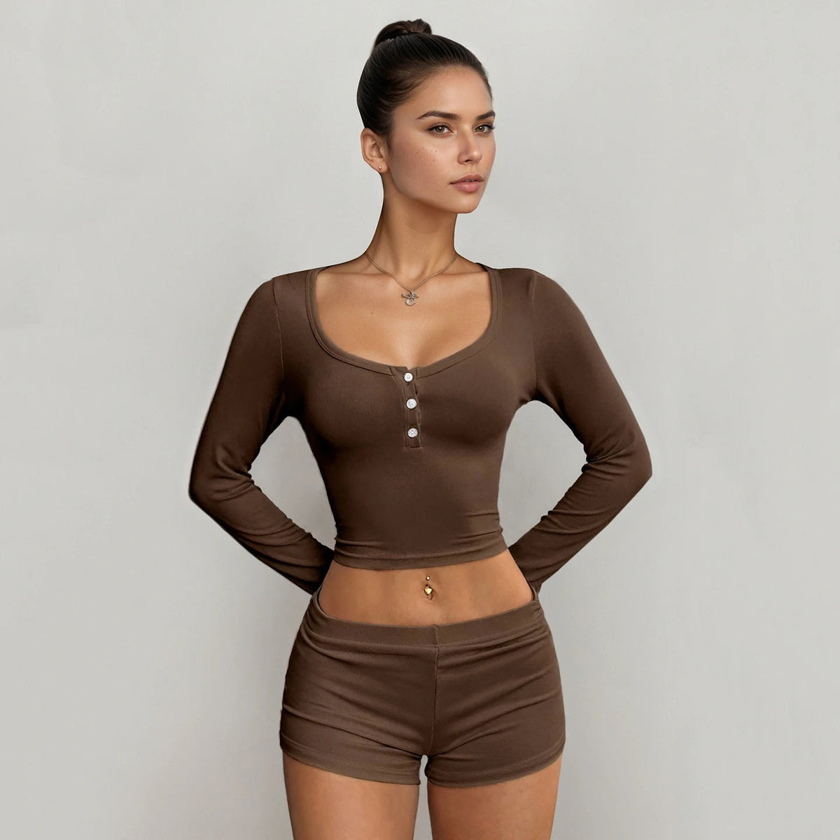 Women Casual 2 Piece Knitting Knee Loungewear Set Stretchy Skinny Fit Long Sleeve Top Shorts Solid Color Spring/Summer Button - Zeprah