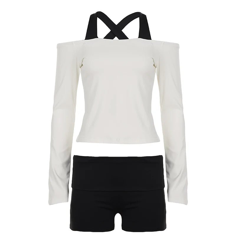 Women Casual Knitting 2 Piece Workout Set Yoga Outfits Collarless Shoulder Long Sleeve Top Fold Shorts Knee Skinny Color Block - Zeprah