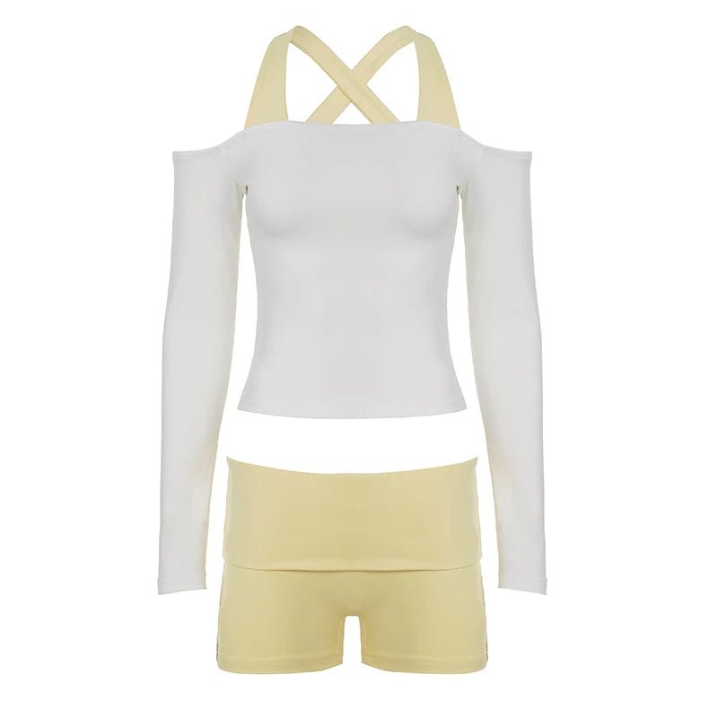 Women Casual Knitting 2 - Piece Workout Set Yoga Outfits Collarless Shoulder Long Sleeve Top Fold Shorts Knee Skinny Color Block - Zeprah