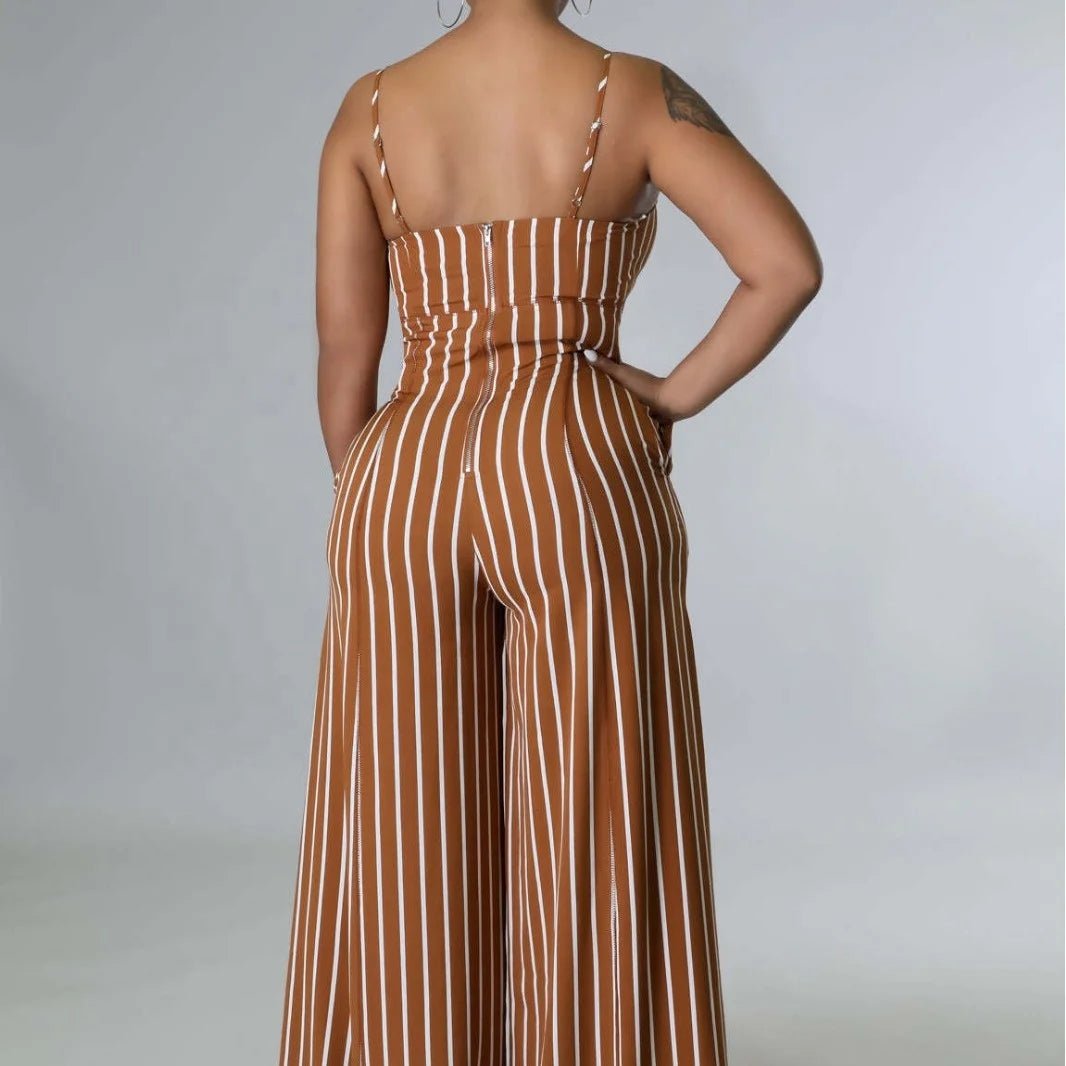 Women Casual Striped Wide - Leg Jumpsuits Sleeveless Solid Color Jumpsuit High - waisted Long Pants - Zeprah