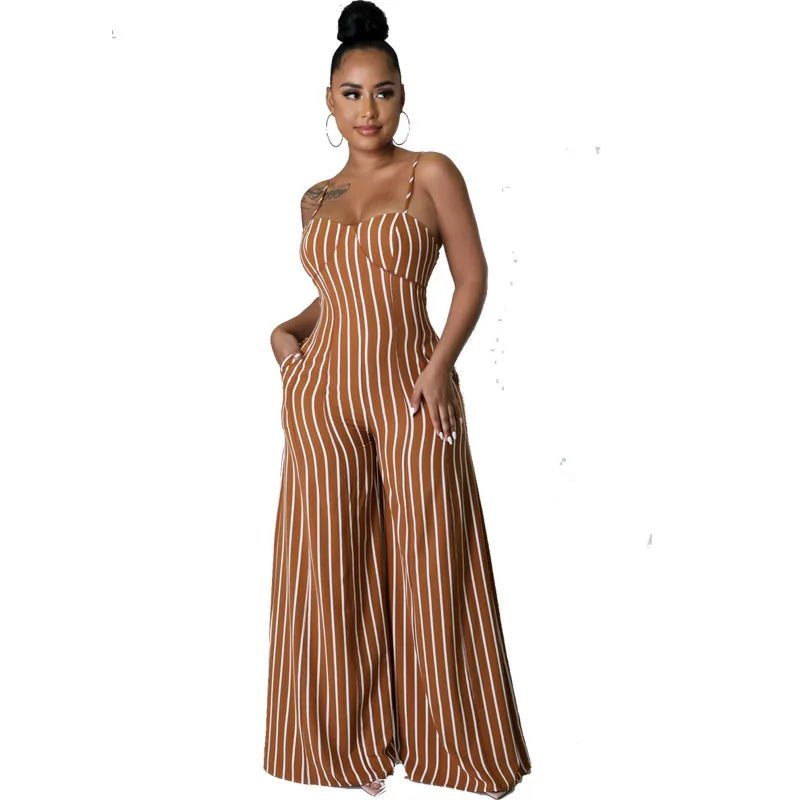 Women Casual Striped Wide - Leg Jumpsuits Sleeveless Solid Color Jumpsuit High - waisted Long Pants - Zeprah