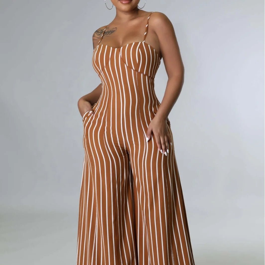 Women Casual Striped Wide - Leg Jumpsuits Sleeveless Solid Color Jumpsuit High - waisted Long Pants - Zeprah