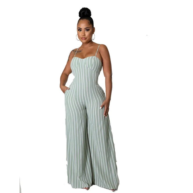 Women Casual Striped Wide - Leg Jumpsuits Sleeveless Solid Color Jumpsuit High - waisted Long Pants - Zeprah