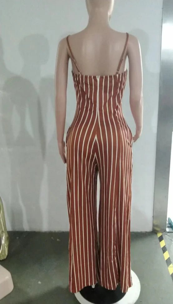 Women Casual Striped Wide - Leg Jumpsuits Sleeveless Solid Color Jumpsuit High - waisted Long Pants - Zeprah