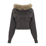 Women Casual Warm Faux Fur Trim Hooded Windproof Short Slim Fit Sweatshirt Jacket Cinched Waist Solid Color Fall Winter Zip - Zeprah