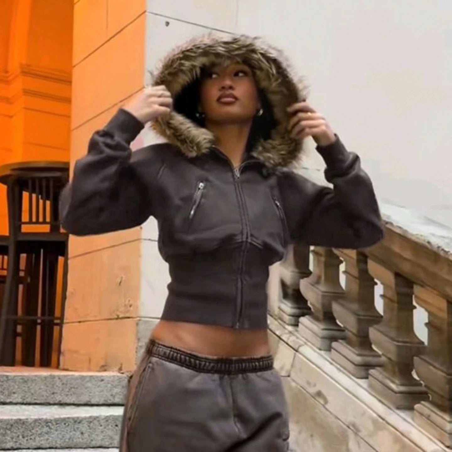 Women Casual Warm Faux Fur Trim Hooded Windproof Short Slim Fit Sweatshirt Jacket Cinched Waist Solid Color Fall Winter Zip - Zeprah