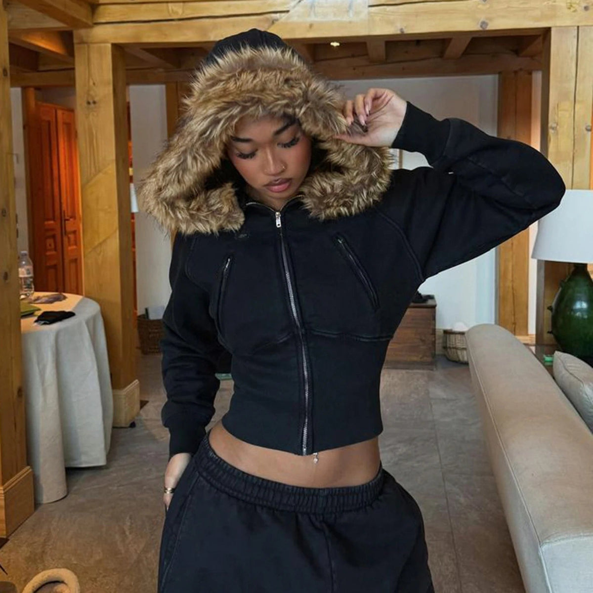Women Casual Warm Faux Fur Trim Hooded Windproof Short Slim Fit Sweatshirt Jacket Cinched Waist Solid Color Fall Winter Zip - Zeprah