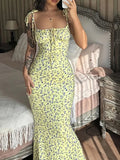 Women Dress Summer New Flower Printed Strapless Elegant U - Neck Sleeveless Backless Dress for Women - Zeprah