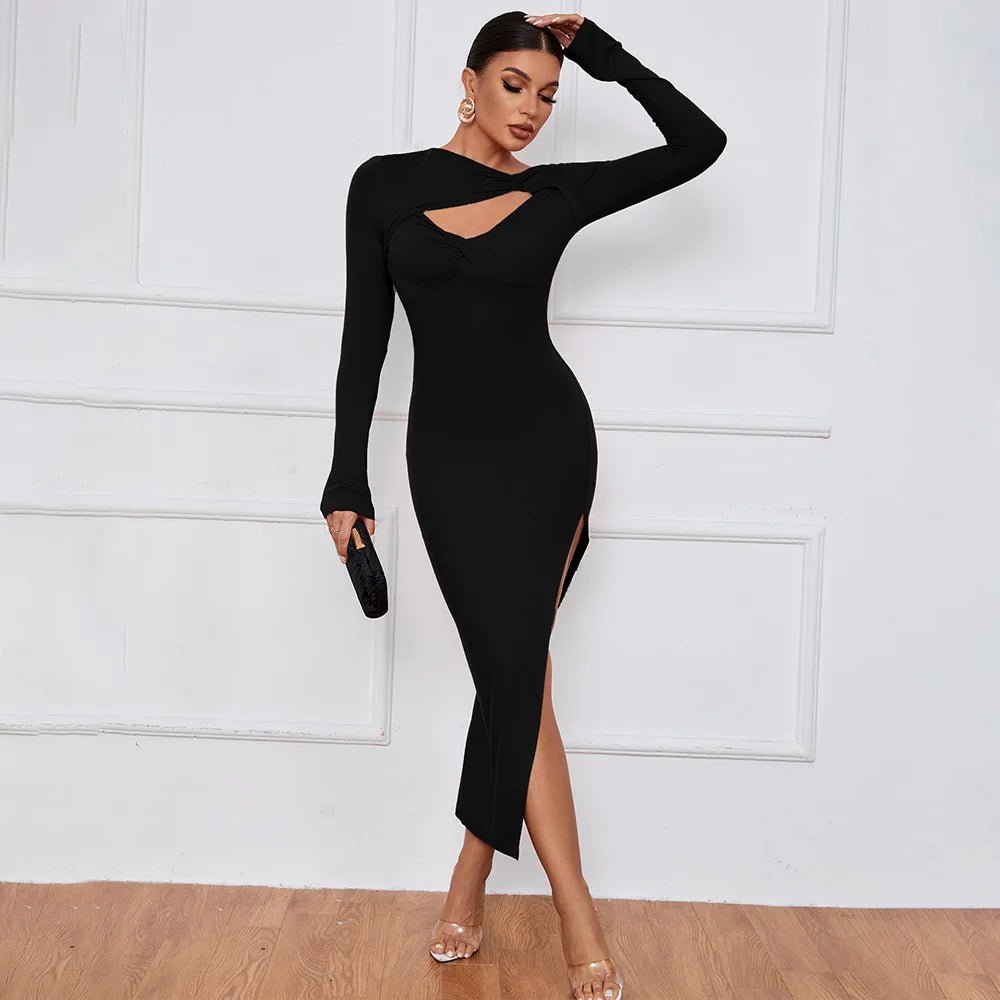 Women Elegant Hollow Out Bodycon Dress High Split Pack Hip Dresses Split Long Sleeve Evening Dresses - Zeprah