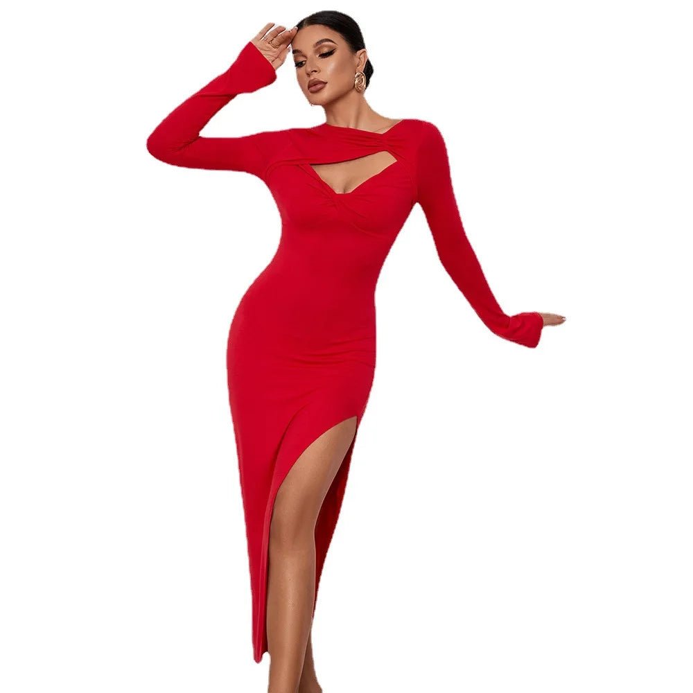 Women Elegant Hollow Out Bodycon Dress High Split Pack Hip Dresses Split Long Sleeve Evening Dresses - Zeprah