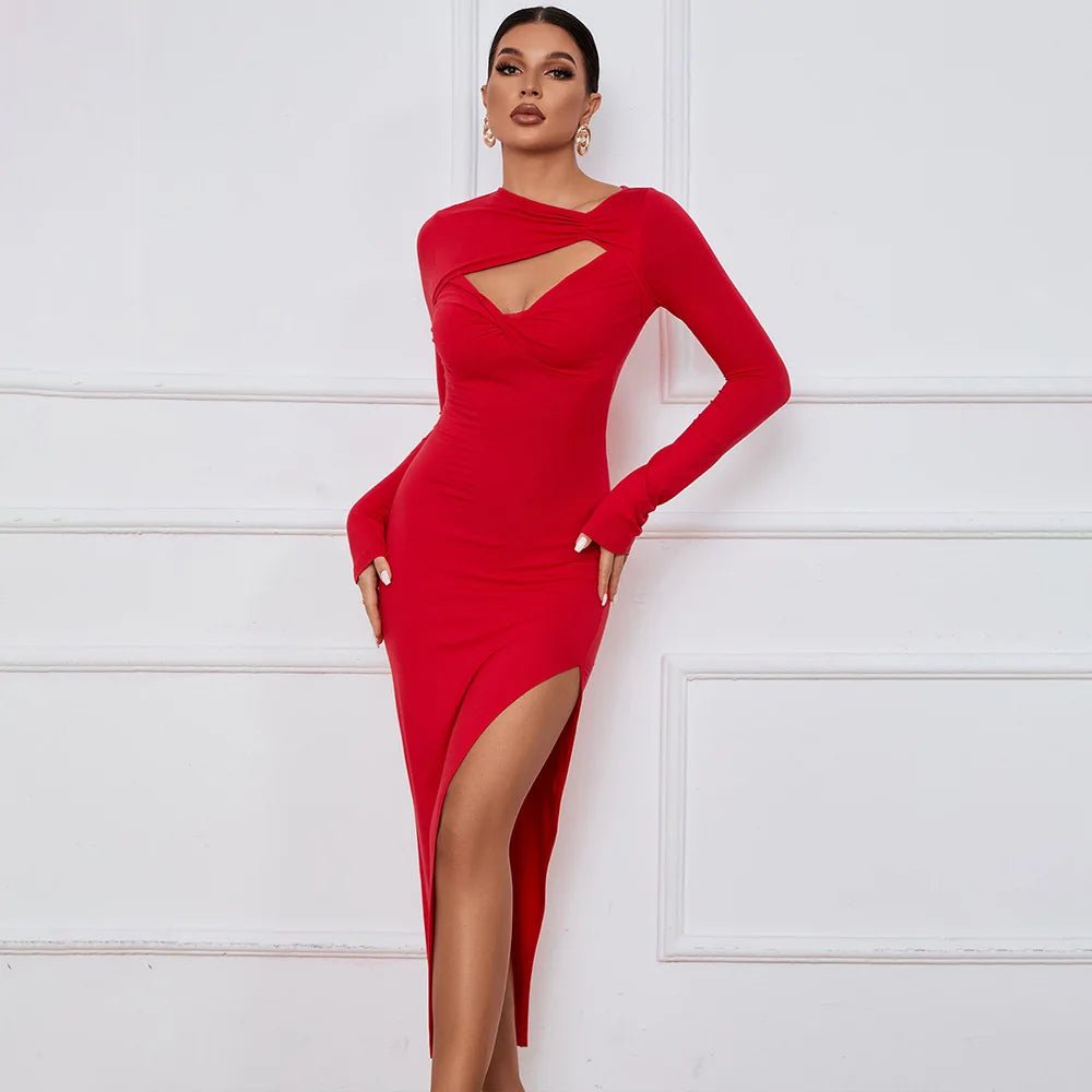 Women Elegant Hollow Out Bodycon Dress High Split Pack Hip Dresses Split Long Sleeve Evening Dresses - Zeprah