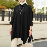 Women Fashion Loose Lapel Collar 3/4 Sleeve Slit Top Crepe Fabric Single Breasted Casual Shirt - Zeprah