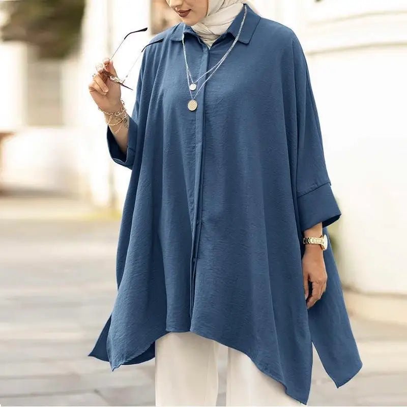 Women Fashion Loose Lapel Collar 3/4 Sleeve Slit Top Crepe Fabric Single Breasted Casual Shirt - Zeprah