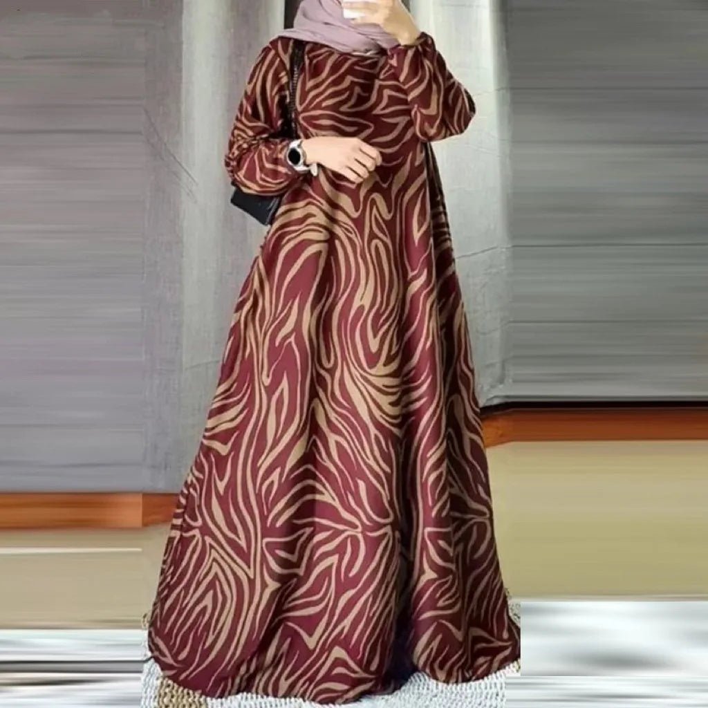 Women Fashion Print Muslim Mid Eastern Floor Length Robe Long Sleeve O - Neck Casual Dress - Zeprah