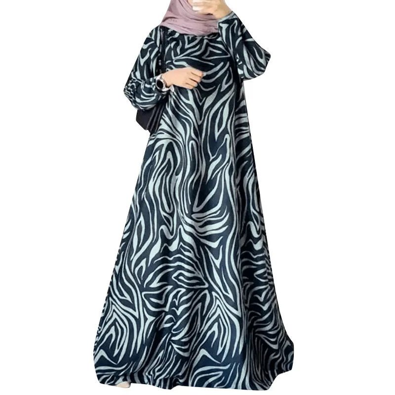Women Fashion Print Muslim Mid Eastern Floor Length Robe Long Sleeve O - Neck Casual Dress - Zeprah