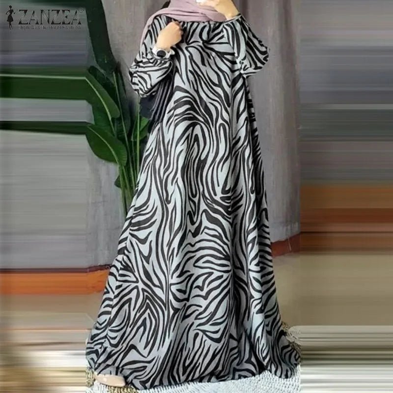 Women Fashion Print Muslim Mid Eastern Floor Length Robe Long Sleeve O - Neck Casual Dress - Zeprah
