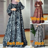 Women Fashion Print Muslim Mid Eastern Floor Length Robe Long Sleeve O - Neck Casual Dress - Zeprah