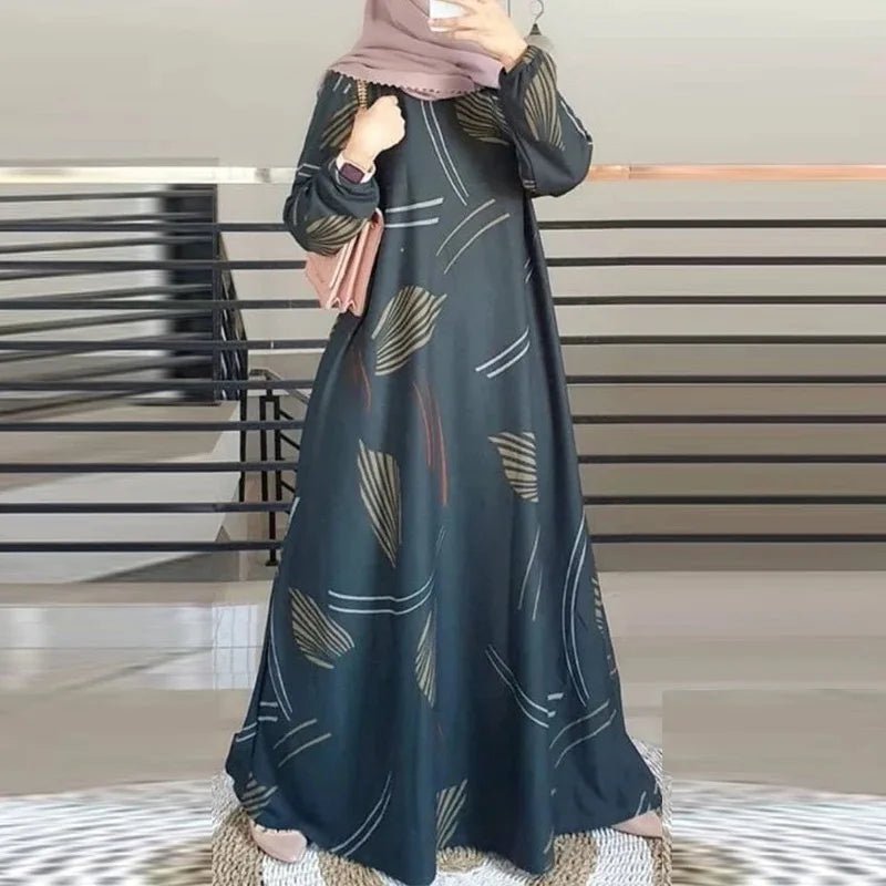 Women Fashion Print Muslim O - Neck Long Sleeve Arabia Turkey Malay Traditional Clothing Casual Robe Dress - Zeprah