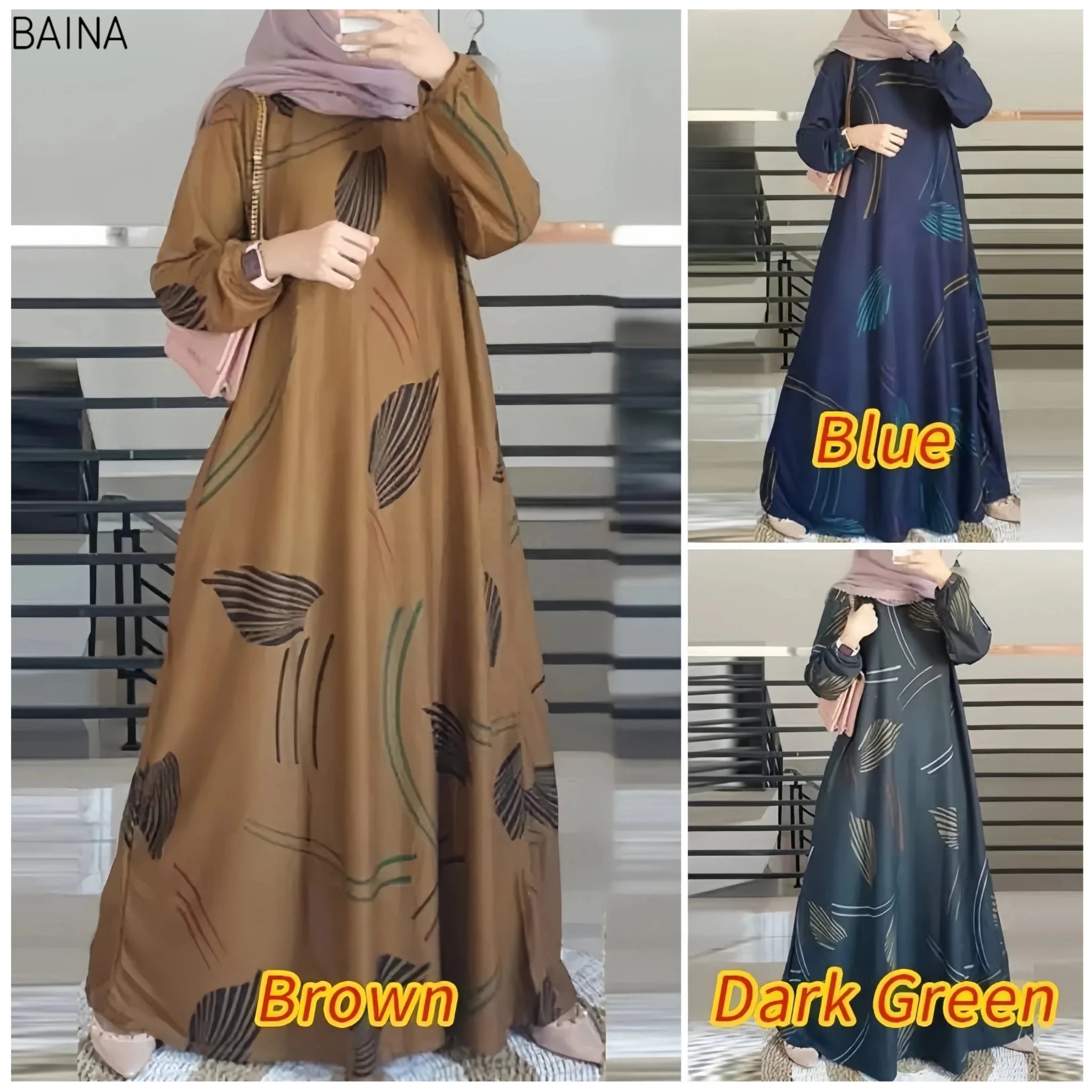 Women Fashion Print Muslim O - Neck Long Sleeve Arabia Turkey Malay Traditional Clothing Casual Robe Dress - Zeprah