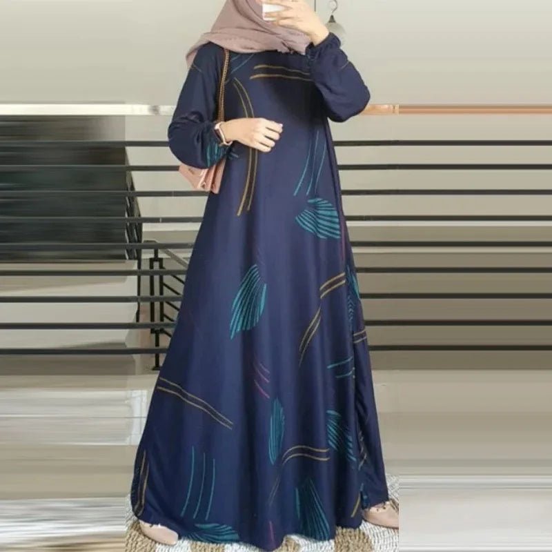 Women Fashion Print Muslim O - Neck Long Sleeve Arabia Turkey Malay Traditional Clothing Casual Robe Dress - Zeprah