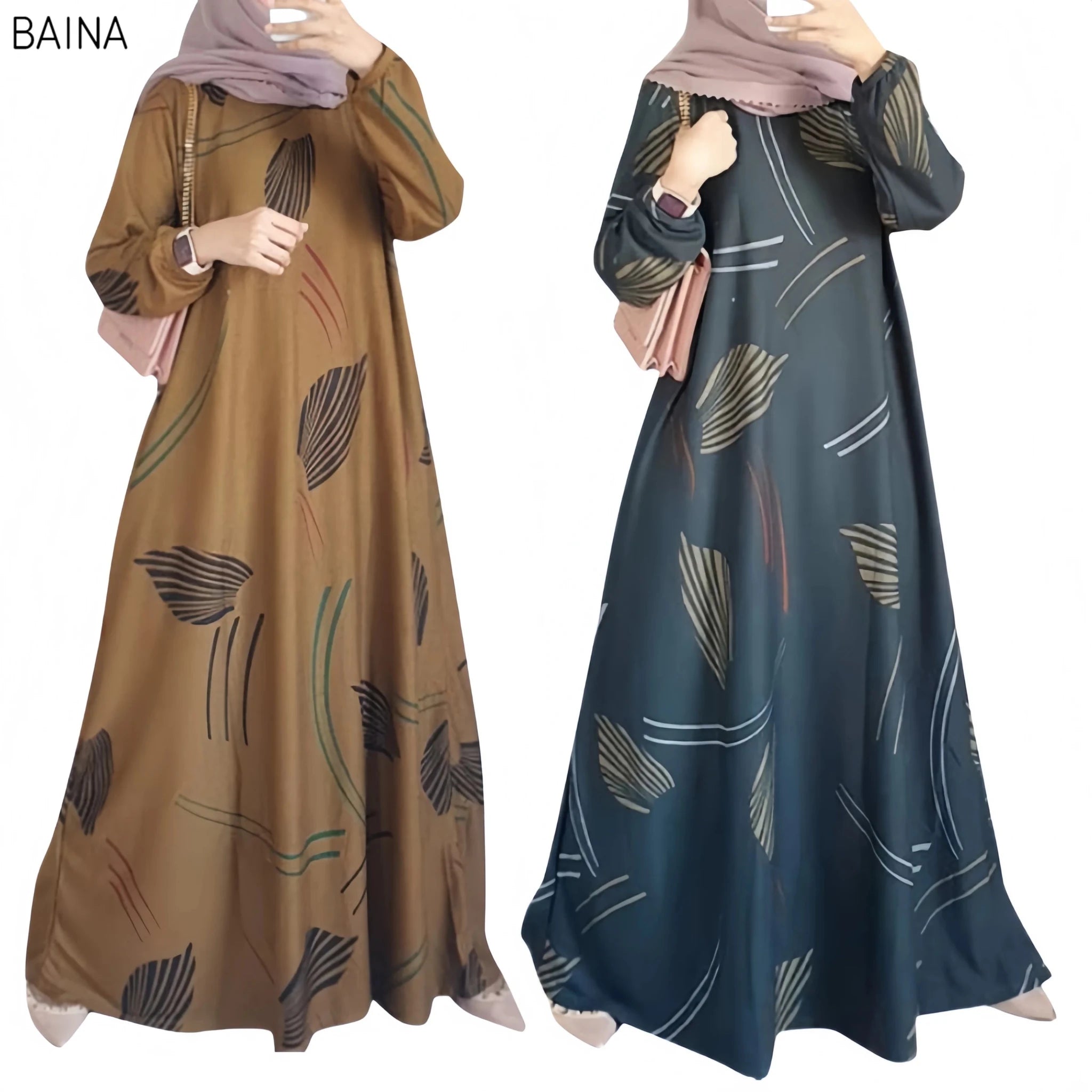 Women Fashion Print Muslim O - Neck Long Sleeve Arabia Turkey Malay Traditional Clothing Casual Robe Dress - Zeprah