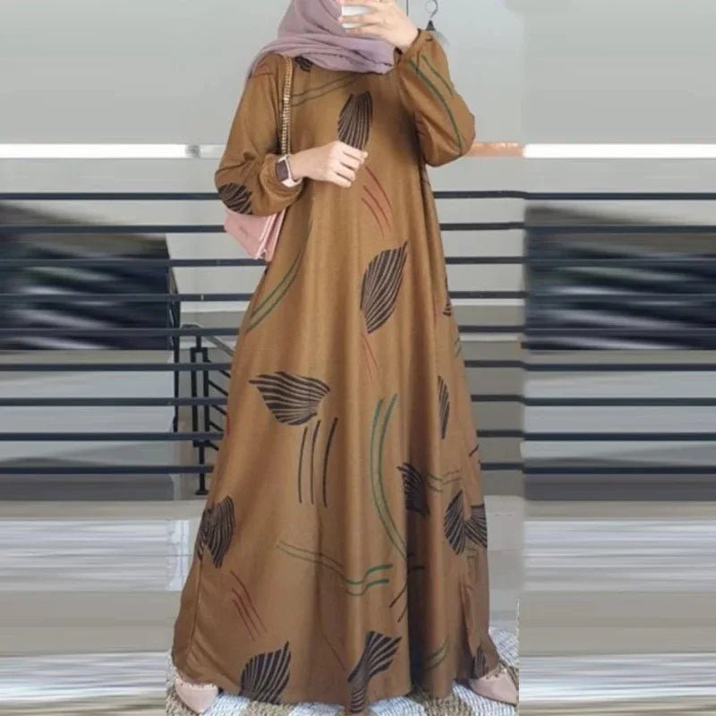 Women Fashion Print Muslim O - Neck Long Sleeve Arabia Turkey Malay Traditional Clothing Casual Robe Dress - Zeprah
