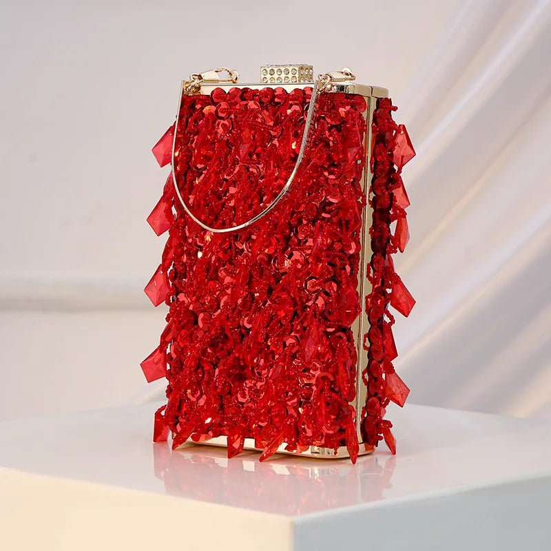 Women Luxury Designer Acrylic Beads Handle Shiny Crystal Bucket Purse Bridal Wedding Party Diamonds Tassel Evening Clutch Bag - Zeprah