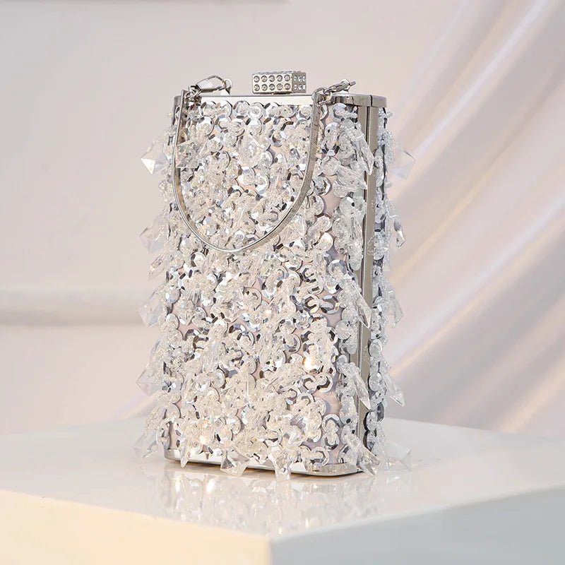 Women Luxury Designer Acrylic Beads Handle Shiny Crystal Bucket Purse Bridal Wedding Party Diamonds Tassel Evening Clutch Bag - Zeprah