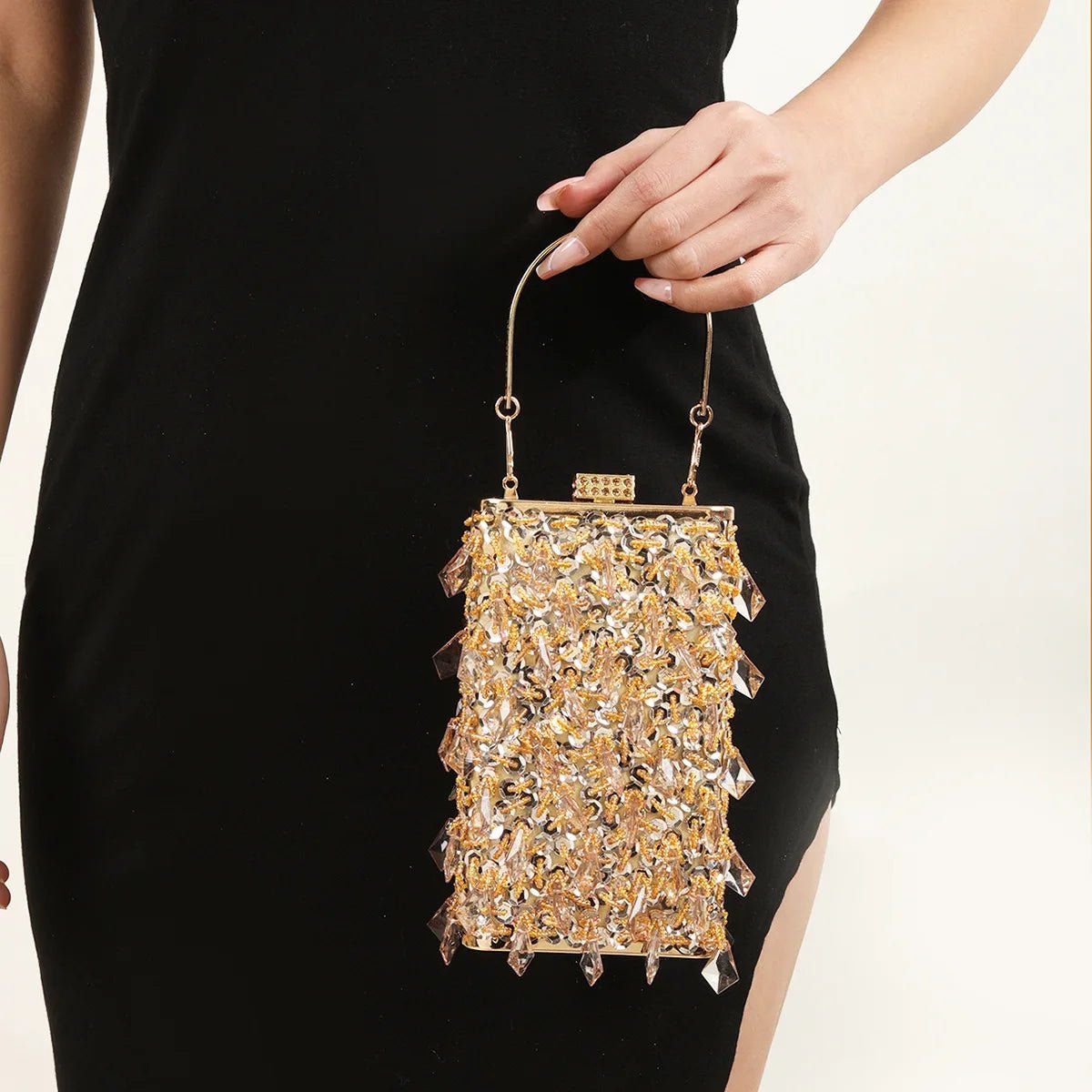 Women Luxury Designer Acrylic Beads Handle Shiny Crystal Bucket Purse Bridal Wedding Party Diamonds Tassel Evening Clutch Bag - Zeprah