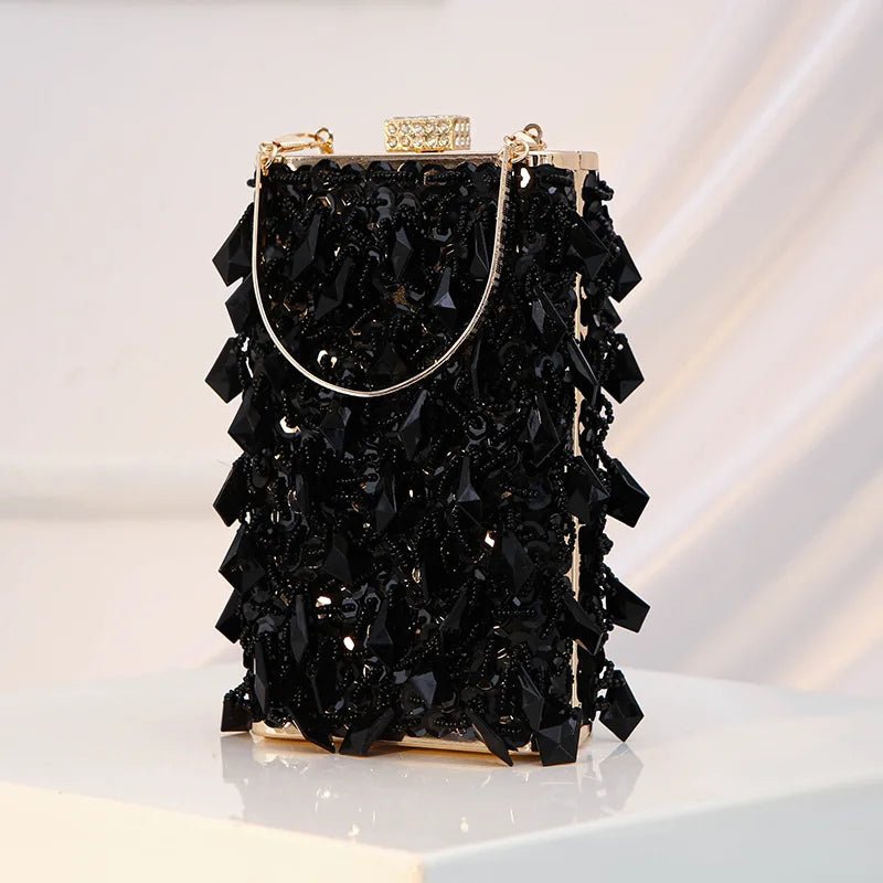 Women Luxury Designer Acrylic Beads Handle Shiny Crystal Bucket Purse Bridal Wedding Party Diamonds Tassel Evening Clutch Bag - Zeprah