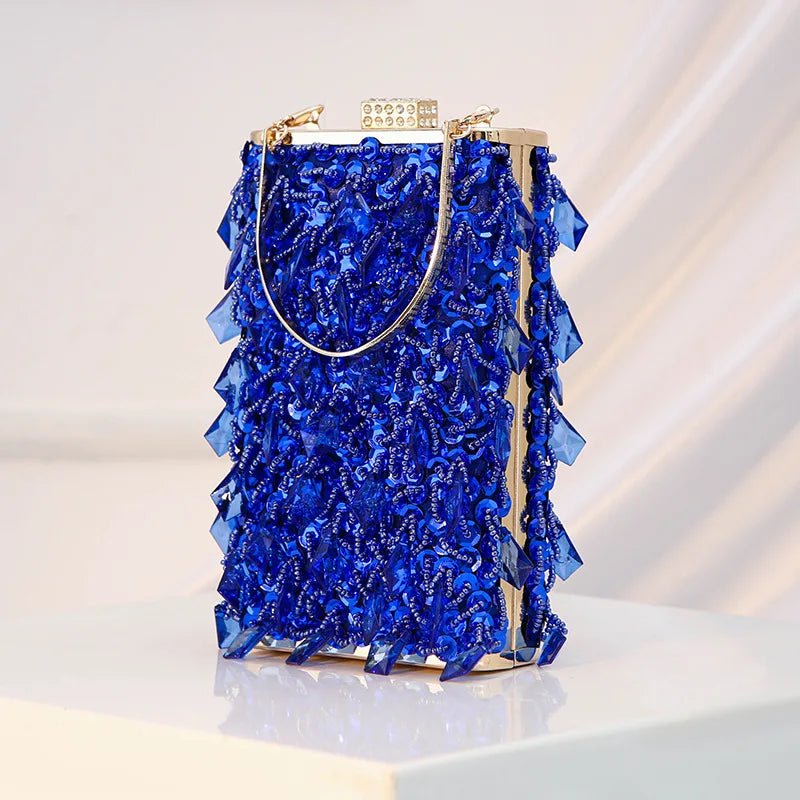 Women Luxury Designer Acrylic Beads Handle Shiny Crystal Bucket Purse Bridal Wedding Party Diamonds Tassel Evening Clutch Bag - Zeprah