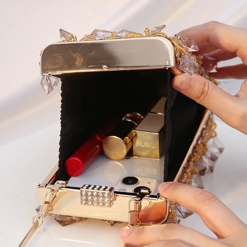 Women Luxury Designer Acrylic Beads Handle Shiny Crystal Bucket Purse Bridal Wedding Party Diamonds Tassel Evening Clutch Bag - Zeprah