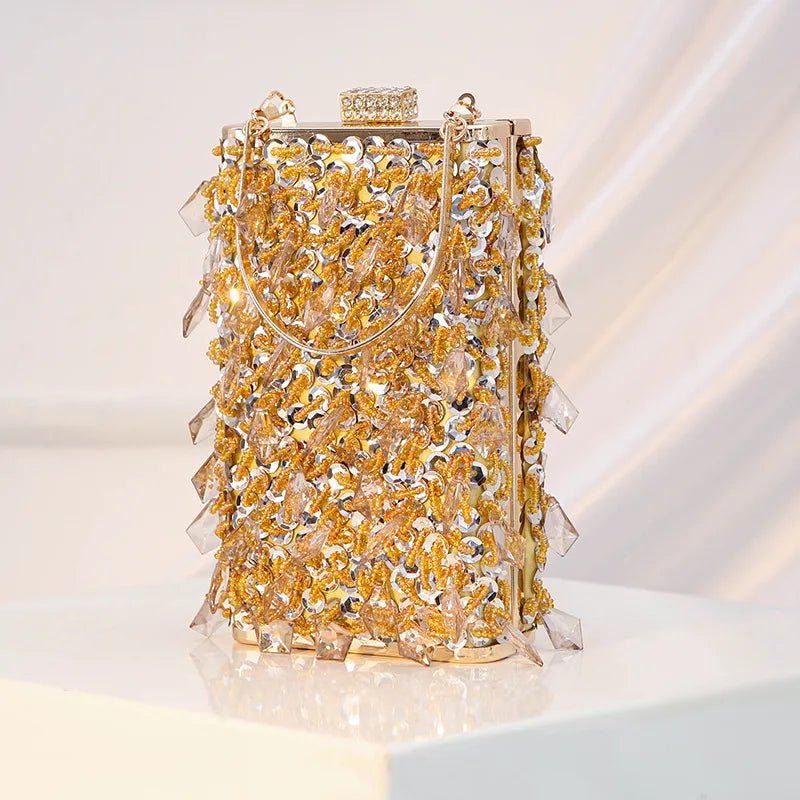 Women Luxury Designer Acrylic Beads Handle Shiny Crystal Bucket Purse Bridal Wedding Party Diamonds Tassel Evening Clutch Bag - Zeprah