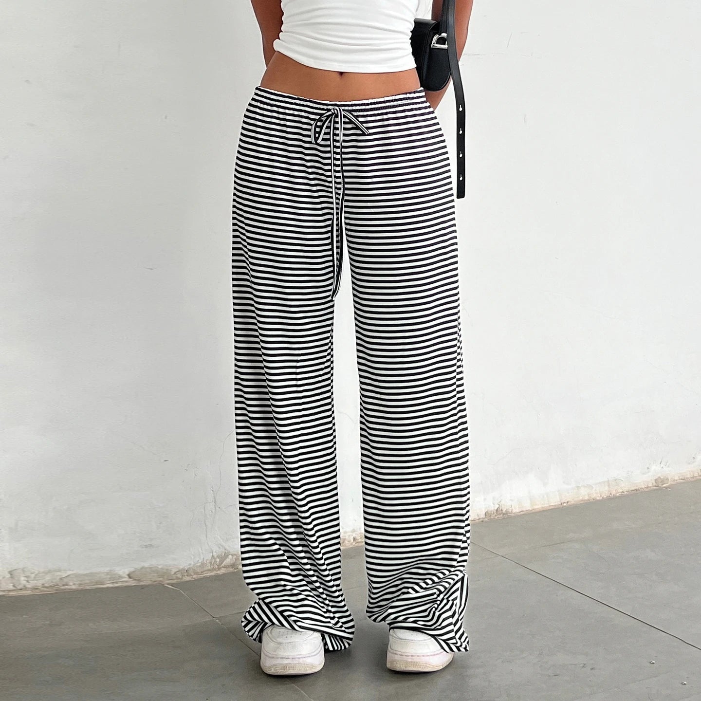 Women Mid Waist Straight Leg Flat Front Casual Drawstring Trousers Striped Minimalist Lightweight Spring Daily Wear - Zeprah