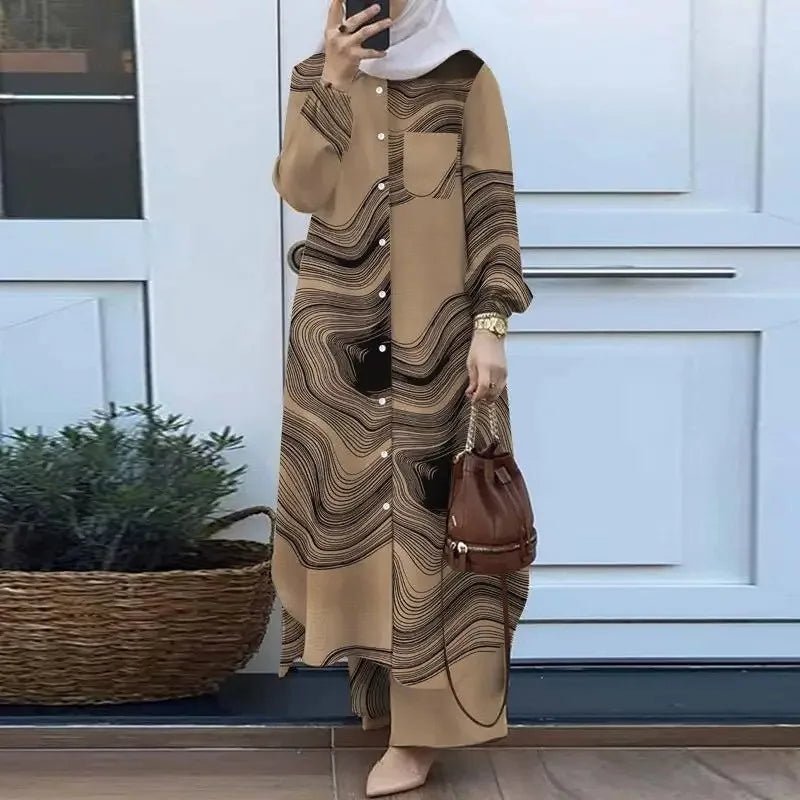 Women Muslim Casual Two Piece Set Saudi Arabian Mid East Robe Sleeve Button up Long Wide Leg Pants Suit - Zeprah