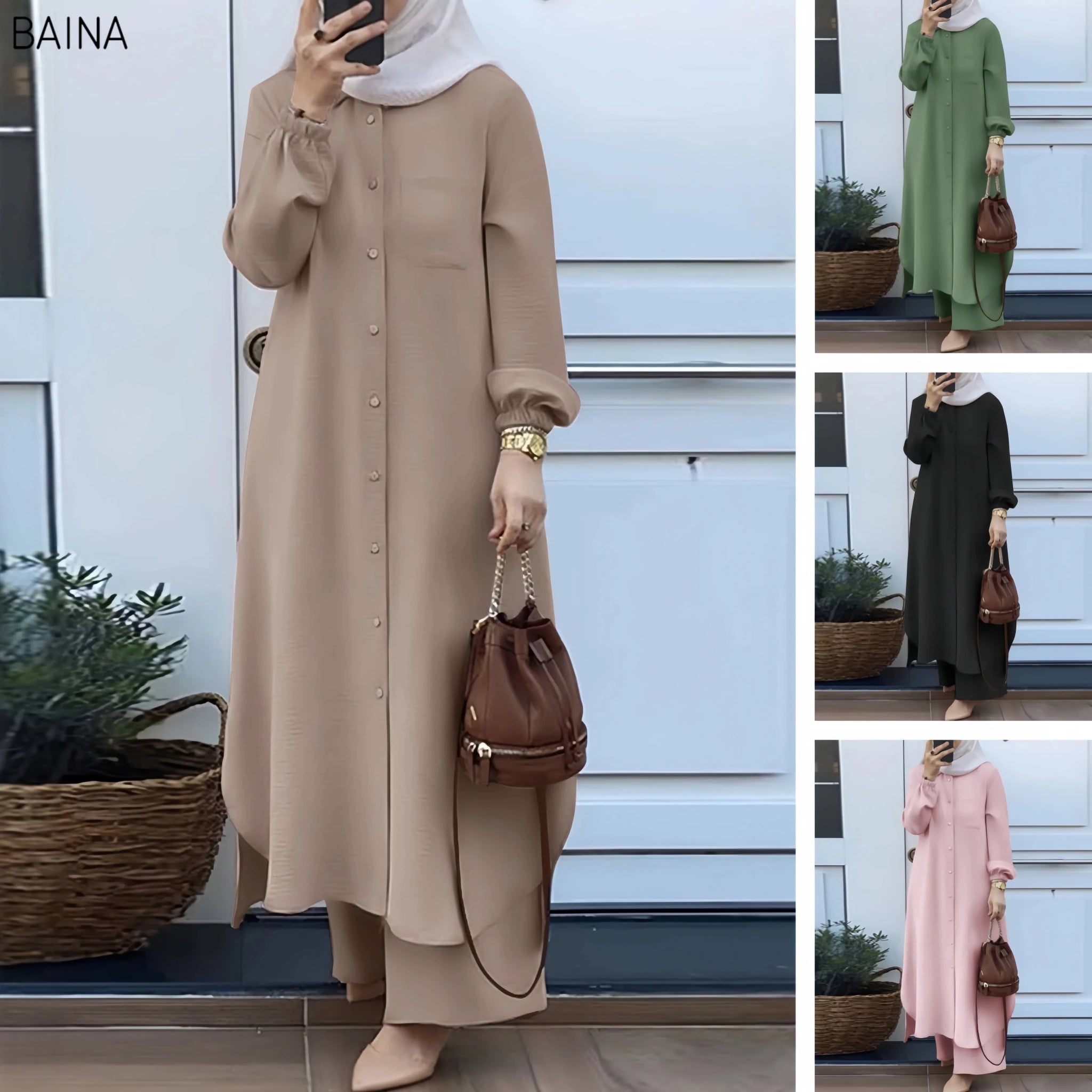 Women Muslim Casual Two Piece Set Saudi Arabian Mid East Robe Sleeve Button up Long Wide Leg Pants Suit - Zeprah