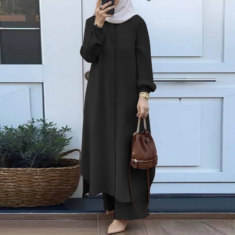 Women Muslim Casual Two Piece Set Saudi Arabian Mid East Robe Sleeve Button up Long Wide Leg Pants Suit - Zeprah
