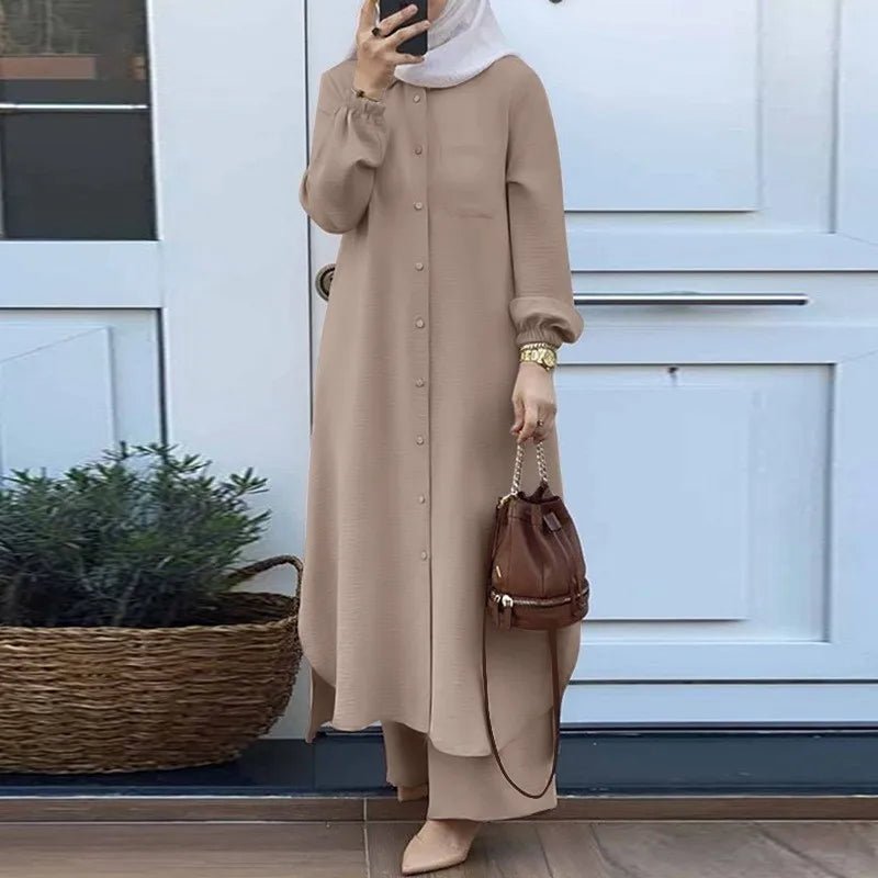 Women Muslim Casual Two Piece Set Saudi Arabian Mid East Robe Sleeve Button up Long Wide Leg Pants Suit - Zeprah