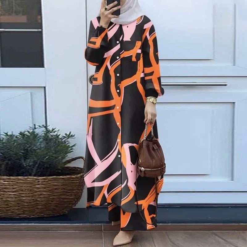 Women Muslim Casual Two Piece Set Saudi Arabian Mid East Robe Sleeve Button up Long Wide Leg Pants Suit - Zeprah