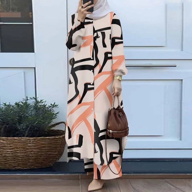 Women Muslim Casual Two Piece Set Saudi Arabian Mid East Robe Sleeve Button up Long Wide Leg Pants Suit - Zeprah