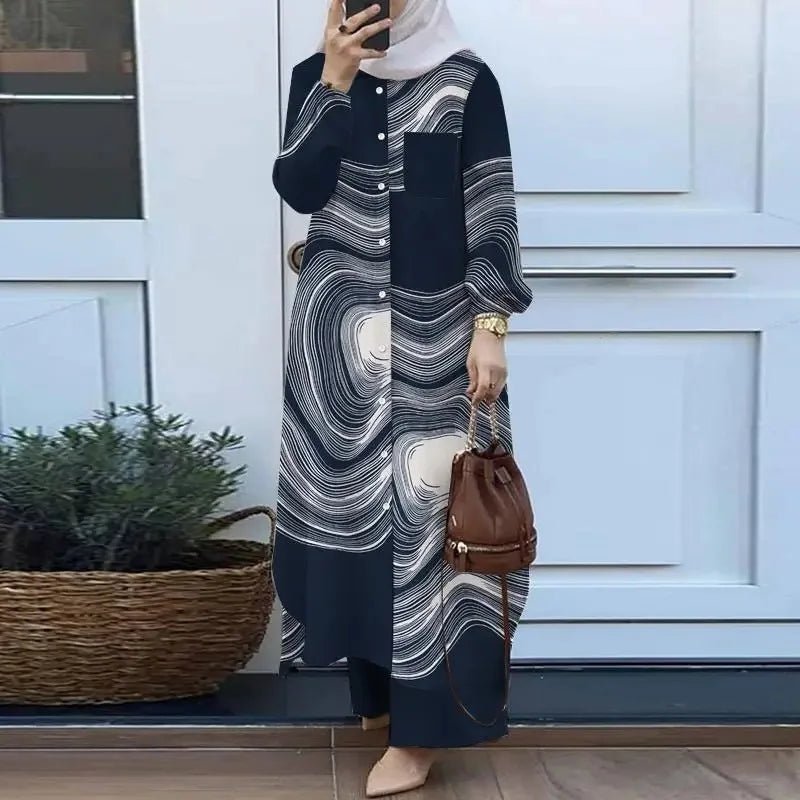 Women Muslim Casual Two Piece Set Saudi Arabian Mid East Robe Sleeve Button up Long Wide Leg Pants Suit - Zeprah