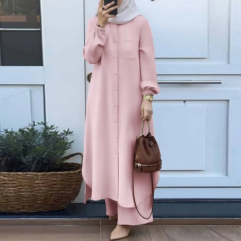 Women Muslim Casual Two Piece Set Saudi Arabian Mid East Robe Sleeve Button up Long Wide Leg Pants Suit - Zeprah