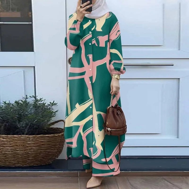 Women Muslim Casual Two Piece Set Saudi Arabian Mid East Robe Sleeve Button up Long Wide Leg Pants Suit - Zeprah