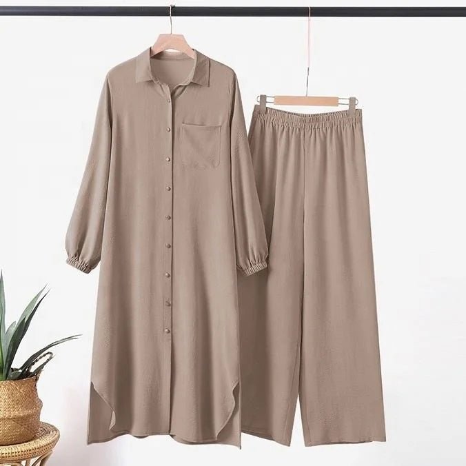 Women Muslim Casual Two Piece Set Saudi Arabian Mid East Robe Sleeve Button up Long Wide Leg Pants Suit - Zeprah